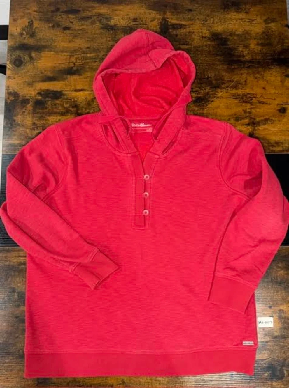 Eddie Bauer Red Knit Henley Hoodie - Button Placket Pullover Sweatshirt Men XL